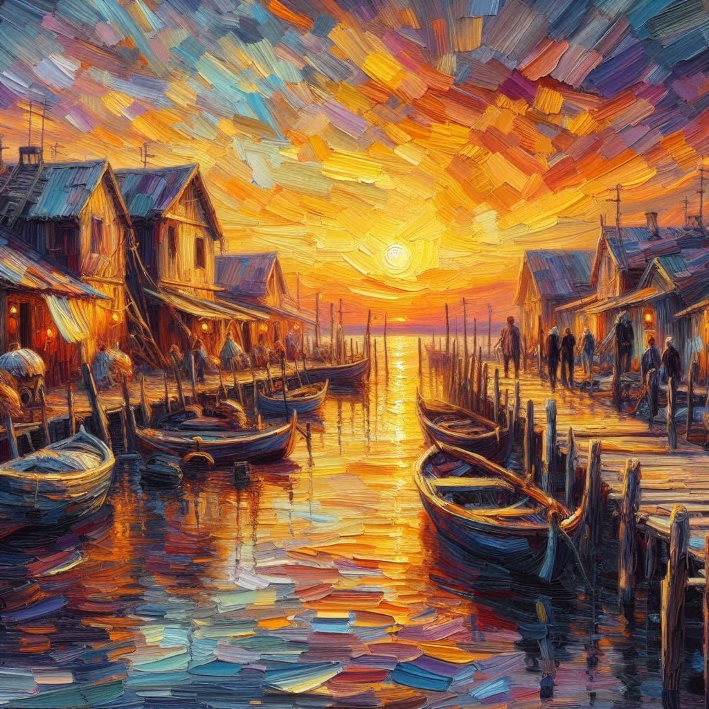 Impasto Seascape Oil Painting (boats, jetty, fishermen village)  by @Artscreator