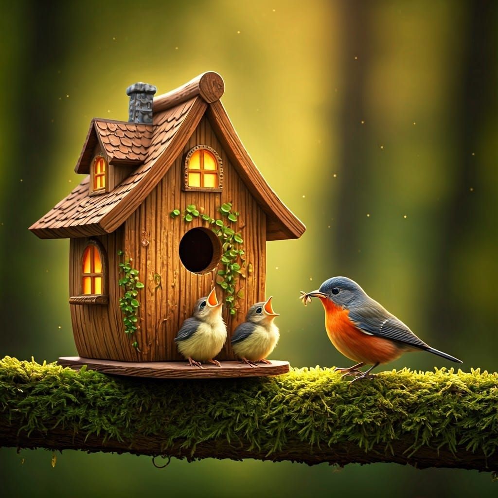 A whimsical birdhouse shaped like a miniature fairy-tale cottage, nestled on a moss-covered branch.  by @mgafner