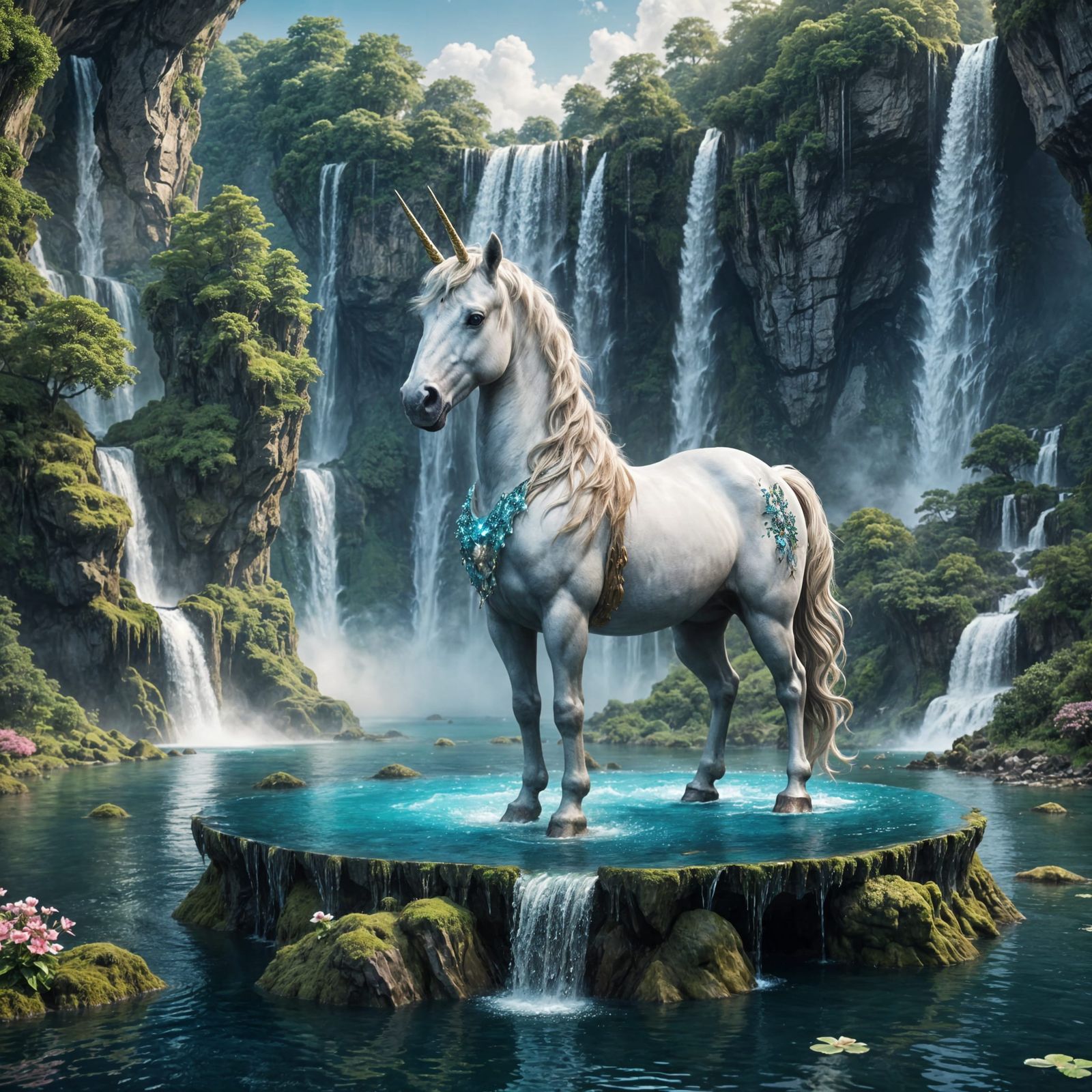 A majestic unicorn standing by a floating island with waterf...