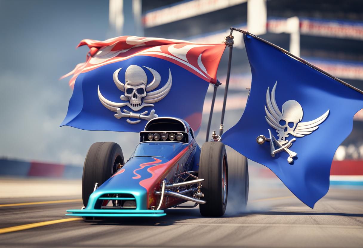 Drag racing car with pirate flags for parachute breaks.