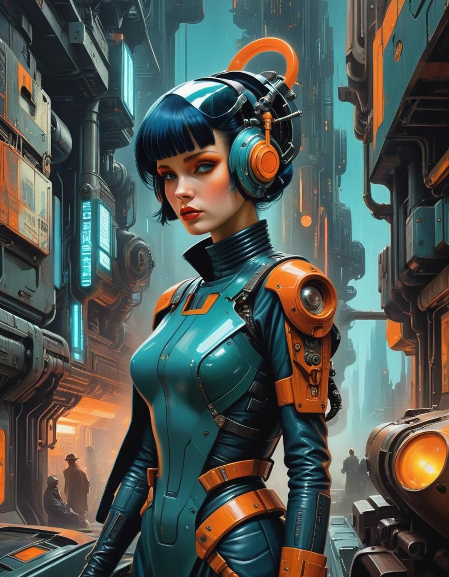 Marvelous Epic Futurism Bladerunner Dieselpunk Indigo Turquoise Orange Maximalism Hyperrealism