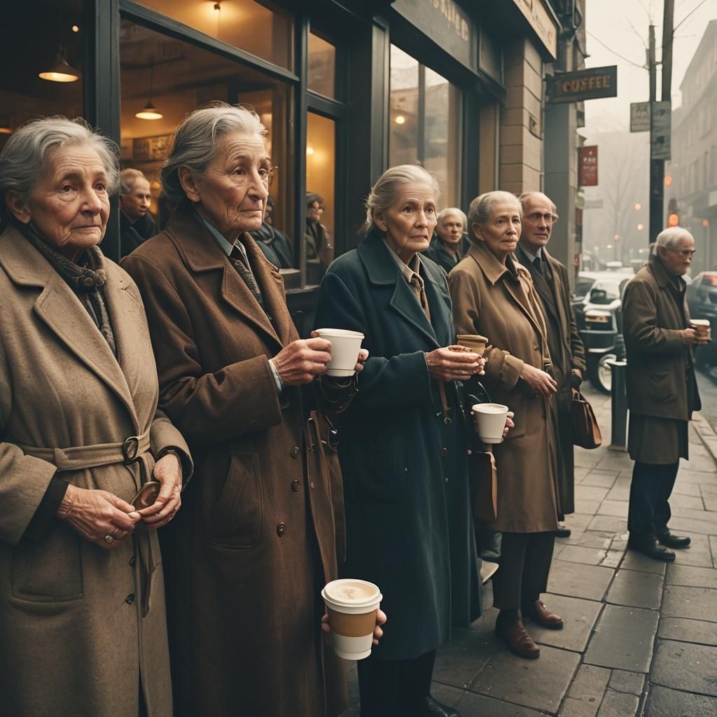 Nostalgic Coffee Queue in Golden Light: Cinematic Still