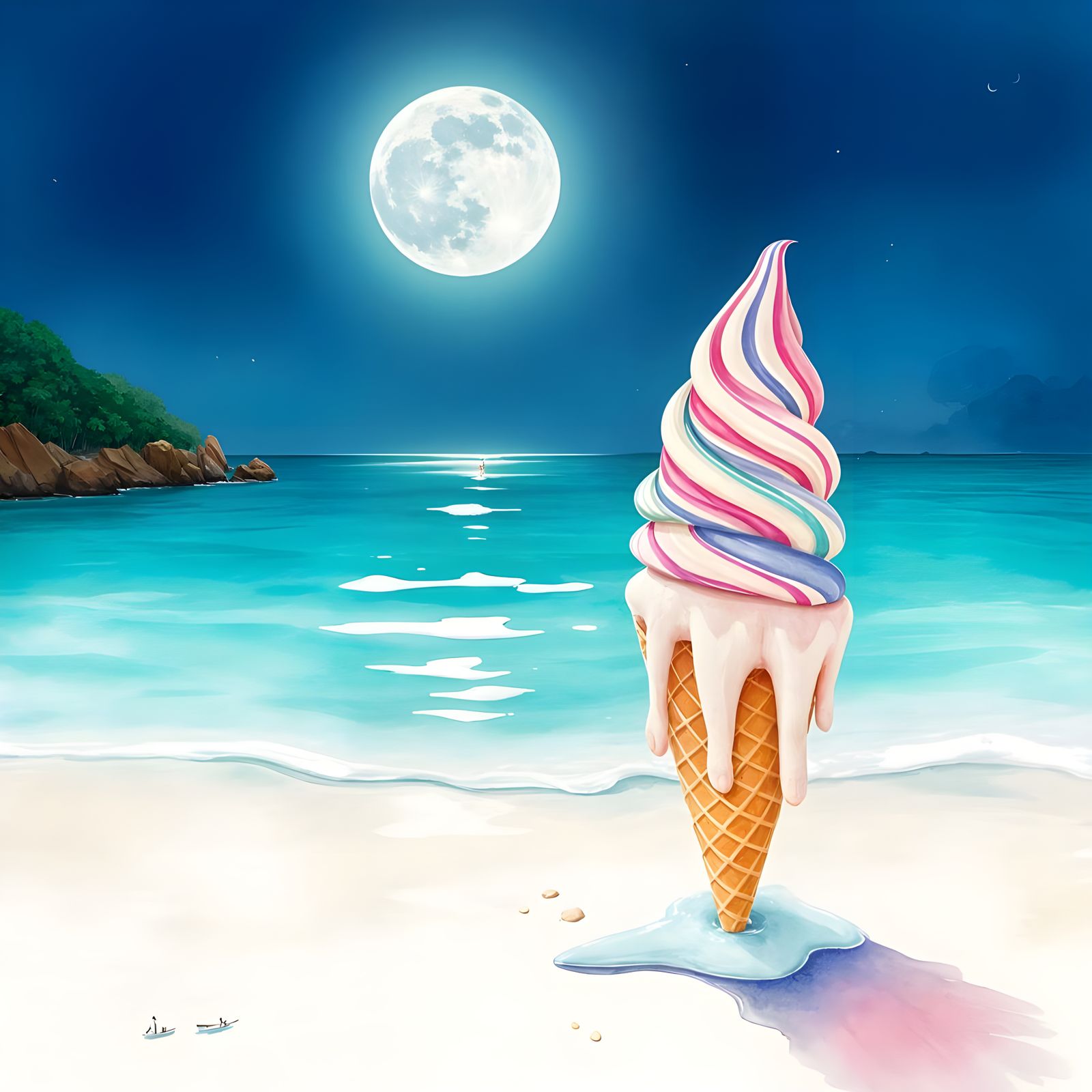 Moonlit Thai Beach with Melting Ice Cream Cone Watercolor
