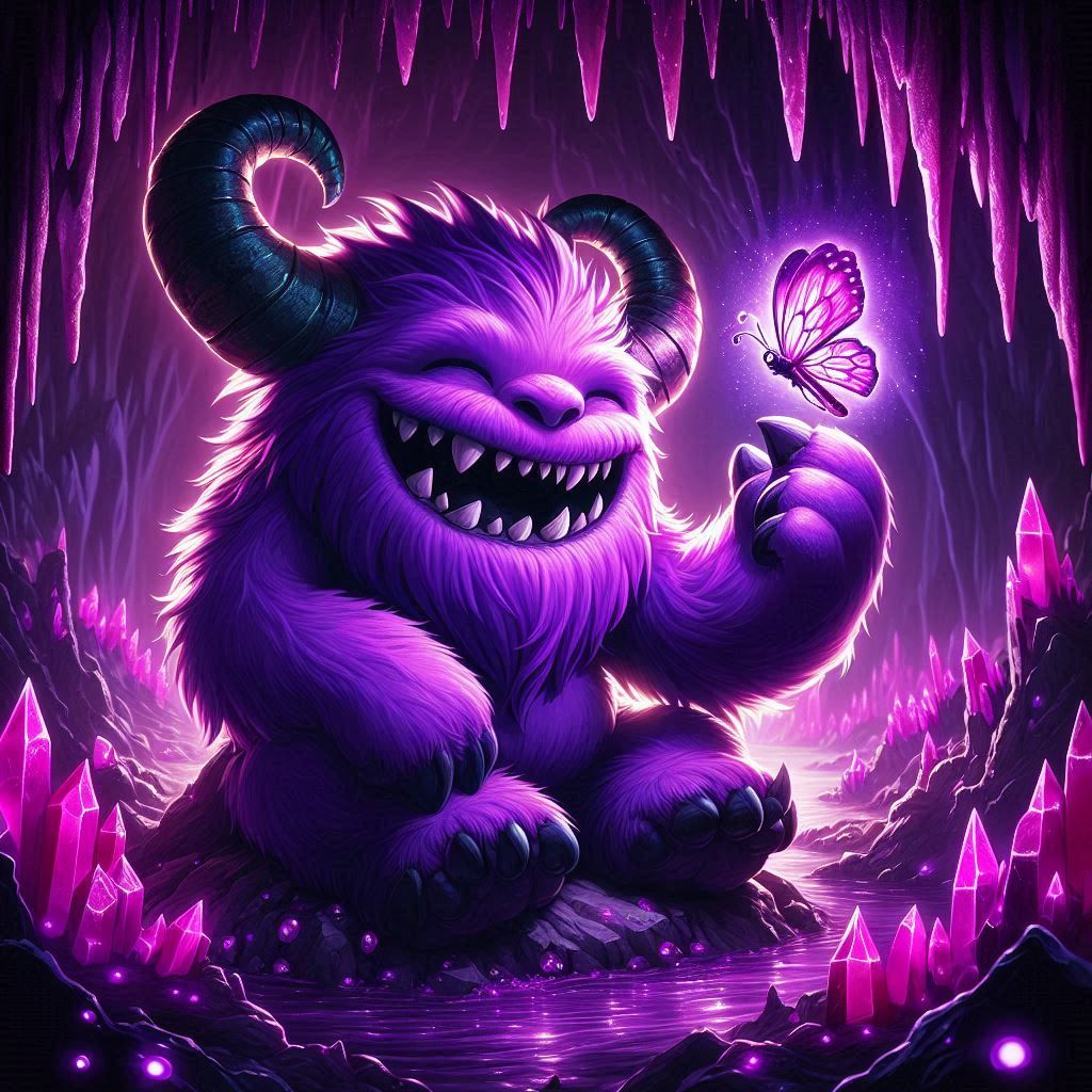 Happy Purple Cave Monster Amused By a Butterfly