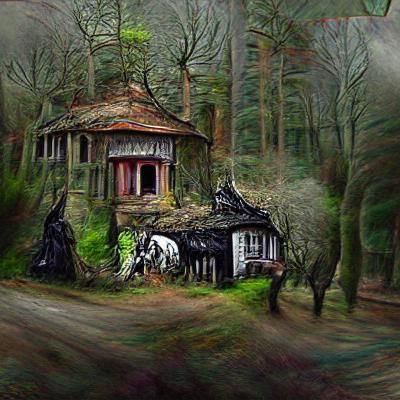 An Old Banned Gypsy House In Wooded Forest Dark Fantasy Pano...