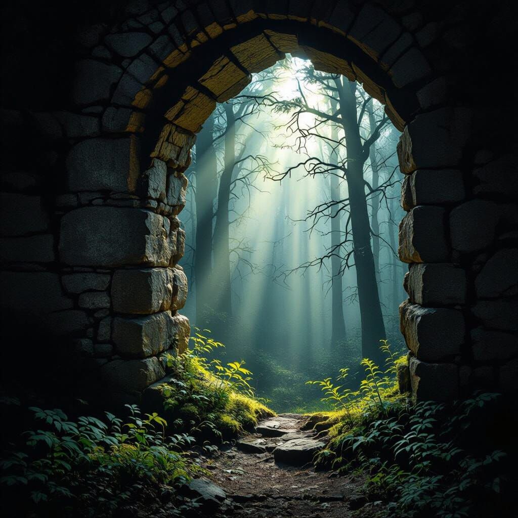 sunlight creeps out of a crack in the wall of an old castle inside a dark forest