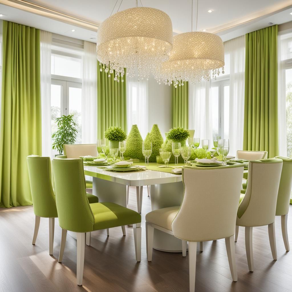 A huge cozy dining room in glam style with, as the main colo...