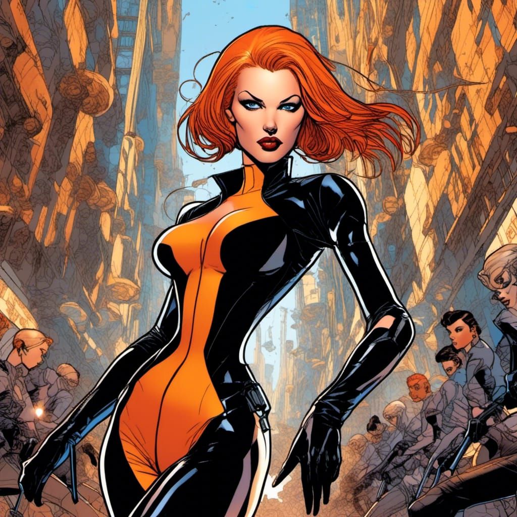 comic book style; back lit, cute orange-haired Aeon Flux with beautiful lips, highly detailed HDR eyes, colored, dynamic background, full bo...