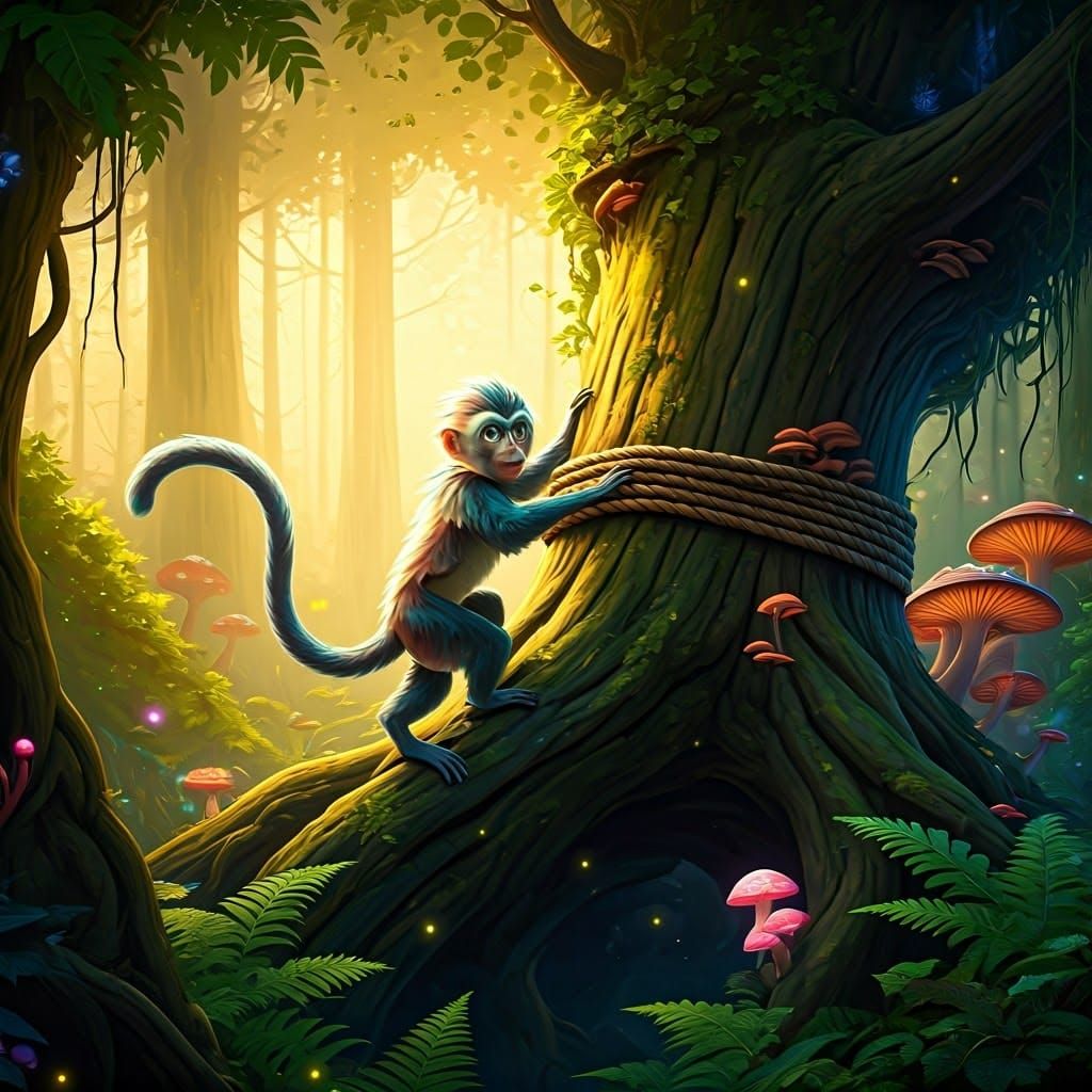 Magical Monkey Ascends in Mystical Forest