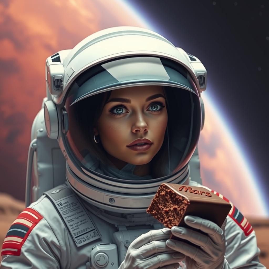  female astronaut, chocolate bar,