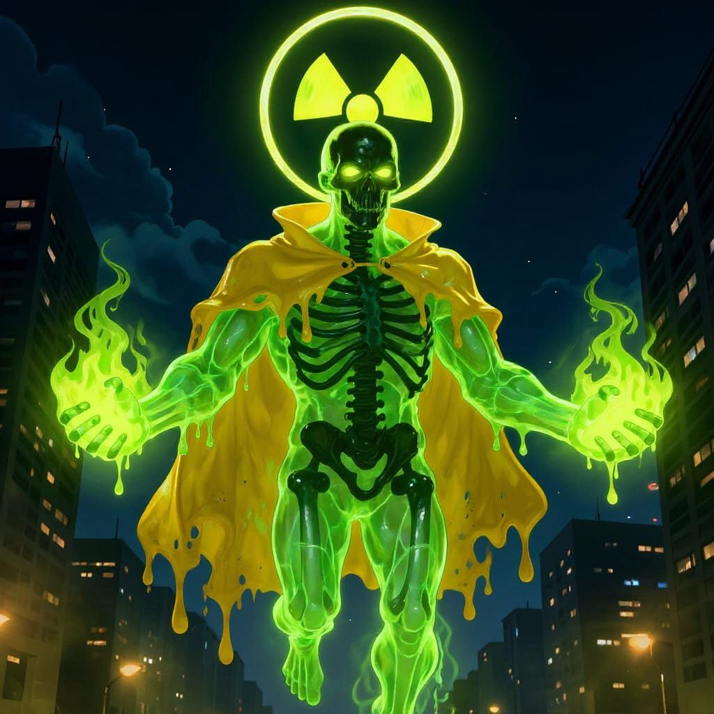glowing, green fire burning, melting cape blowing in the wind, green embers, radiation symbol spinning
