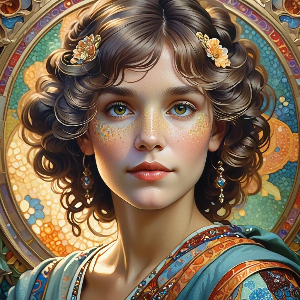 Pointillism head and shoulders portrait, 8k resolution concept art portrait by Greg Rutkowski, Artgerm, WLOP, Alphonse Mucha dynamic lightin...