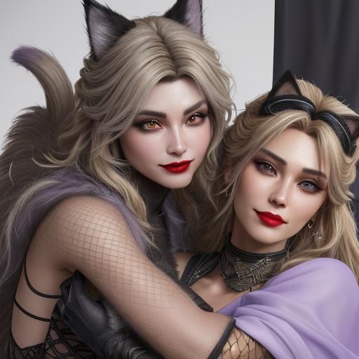 A pretty smiling woman with blonde hair and black lipsticked lips wearing lack fishnet gloves is hugging a beautiful long haired Grey and br...