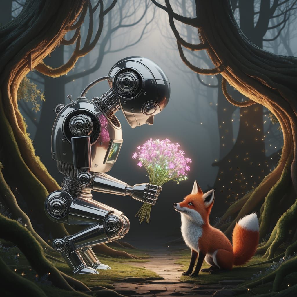 Whimsical Robot Offers Bioluminescent Flowers to Fox