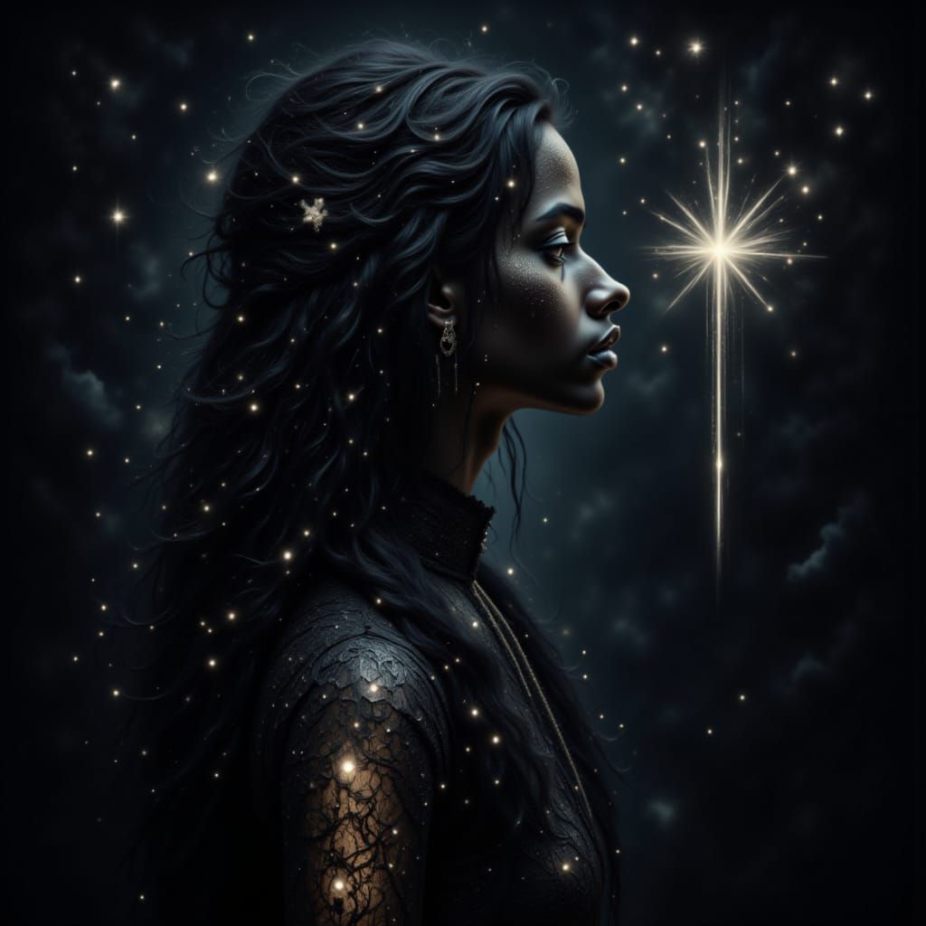 <lora:Darkspark Intensity:1.0> Glowing profile portrait black woman African goth metalhead long haired spirit woman in a dark room in a Vict...
