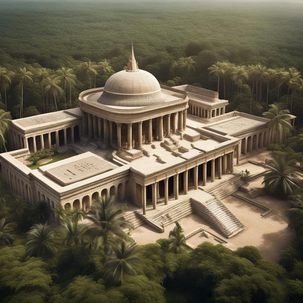 aerial view of a gigantic and magnificent temple in the midd...
