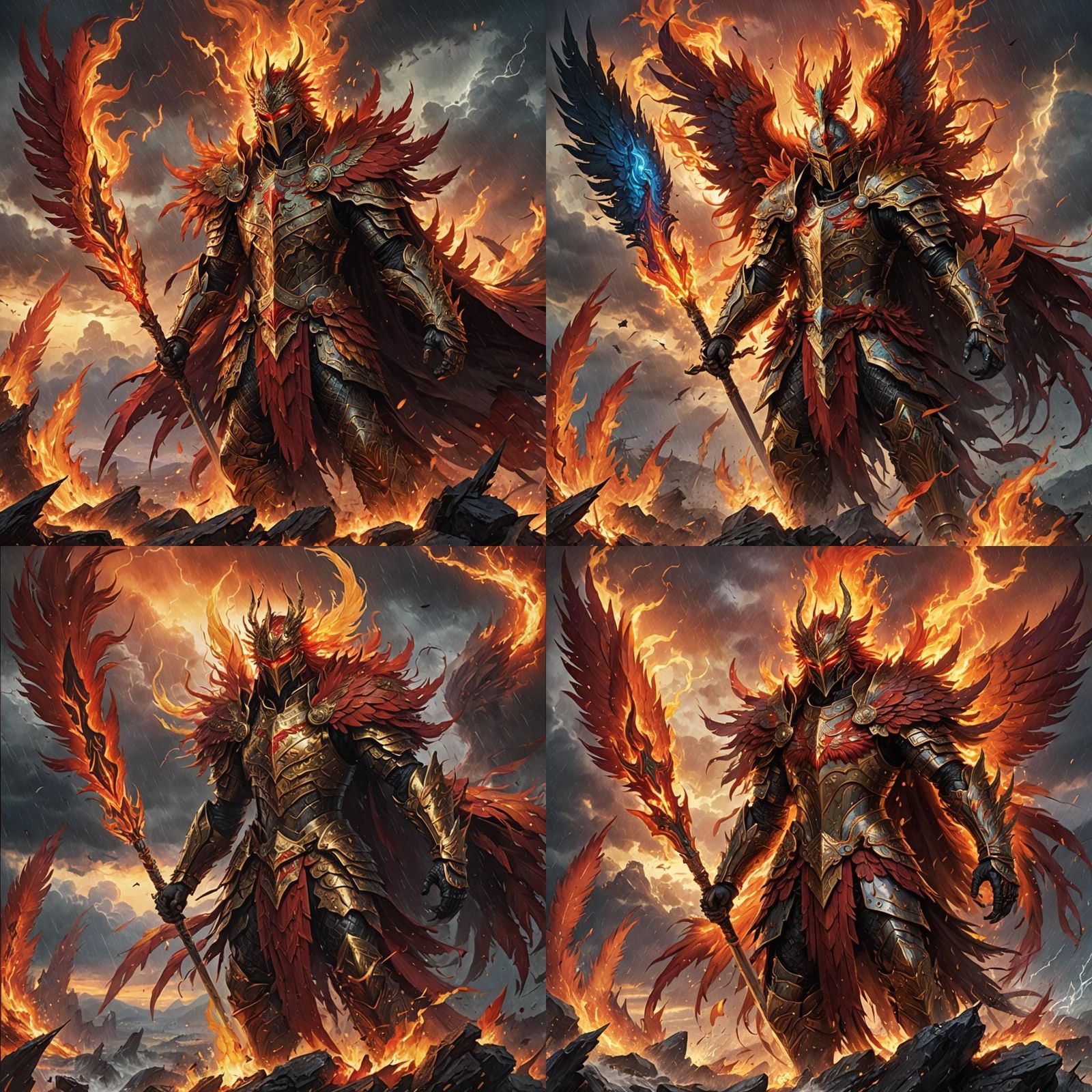 Mythical Warrior in Fiery Sunset Battlefield