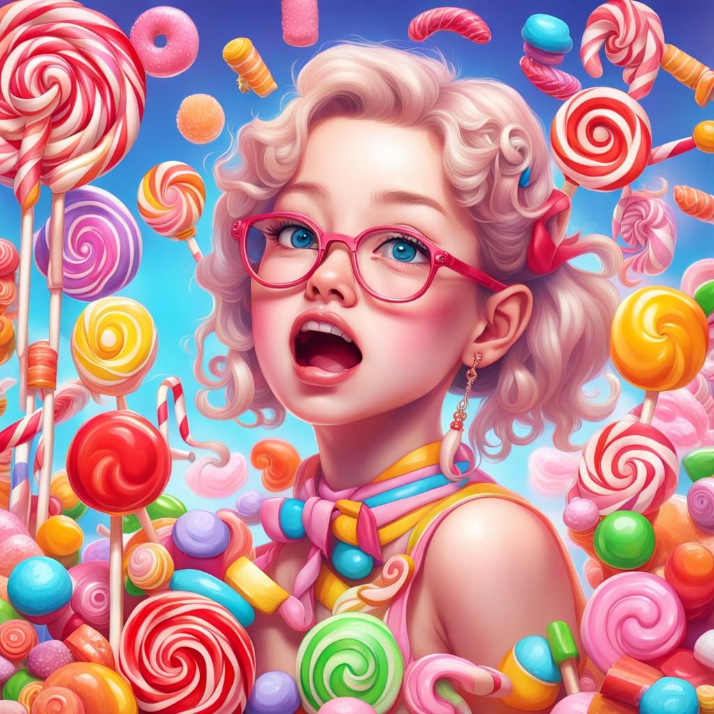 Girl Eating Lollipop in Candy Art Style