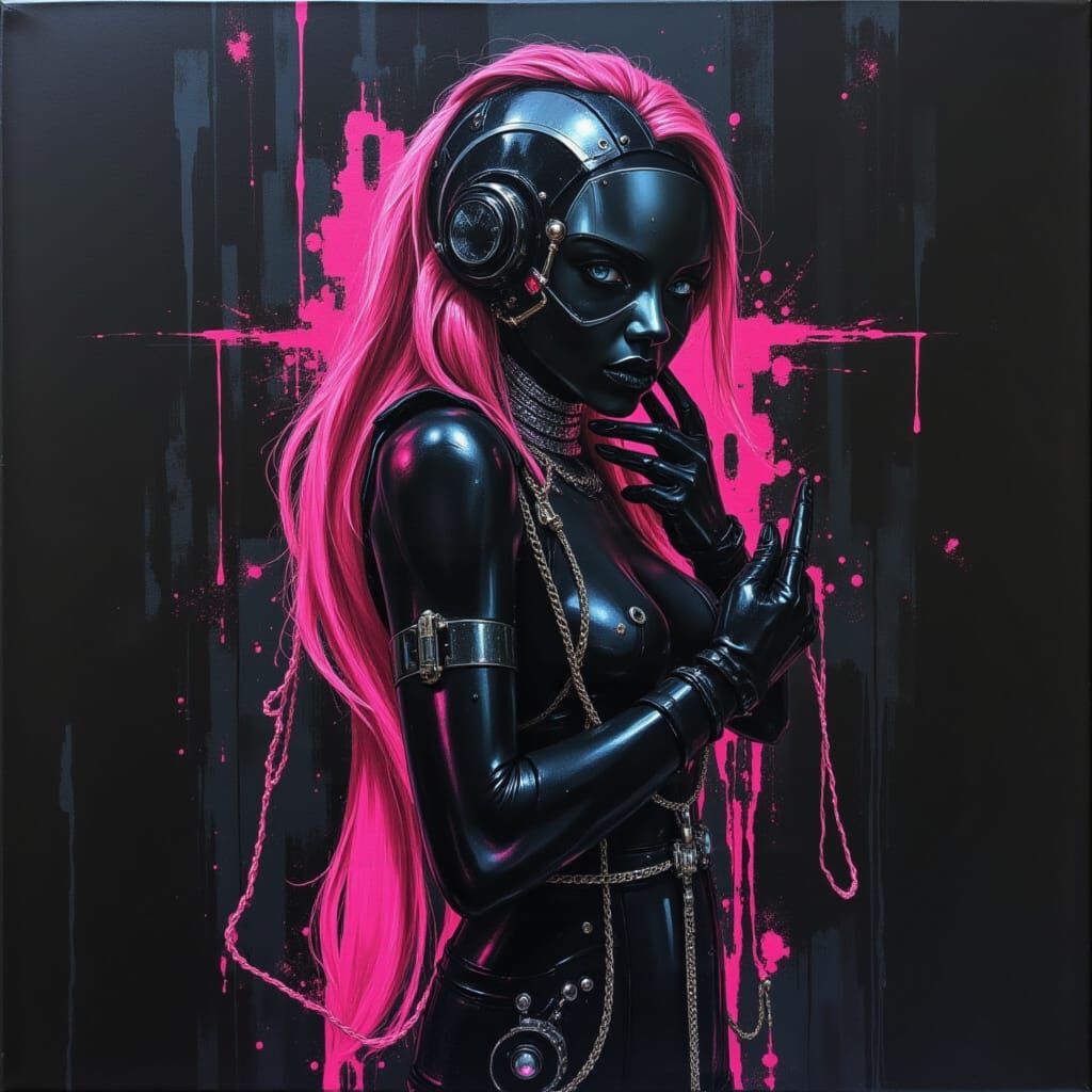 <lora:Black Canvas:1.0> Impasto Cyberpunk Pinup Model on Black Canvas. pink back lighting.