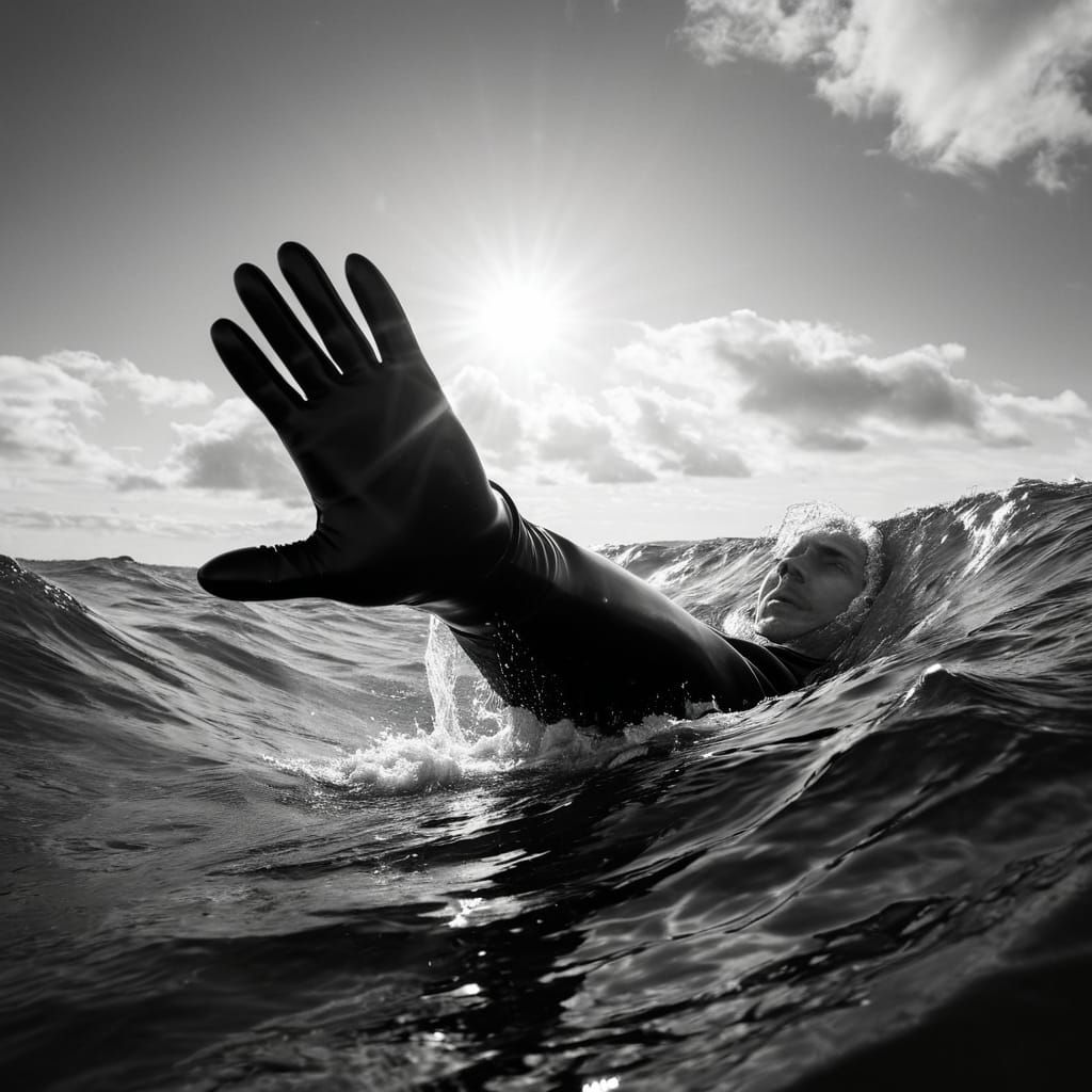 A man  emerges from turbulent ocean waves