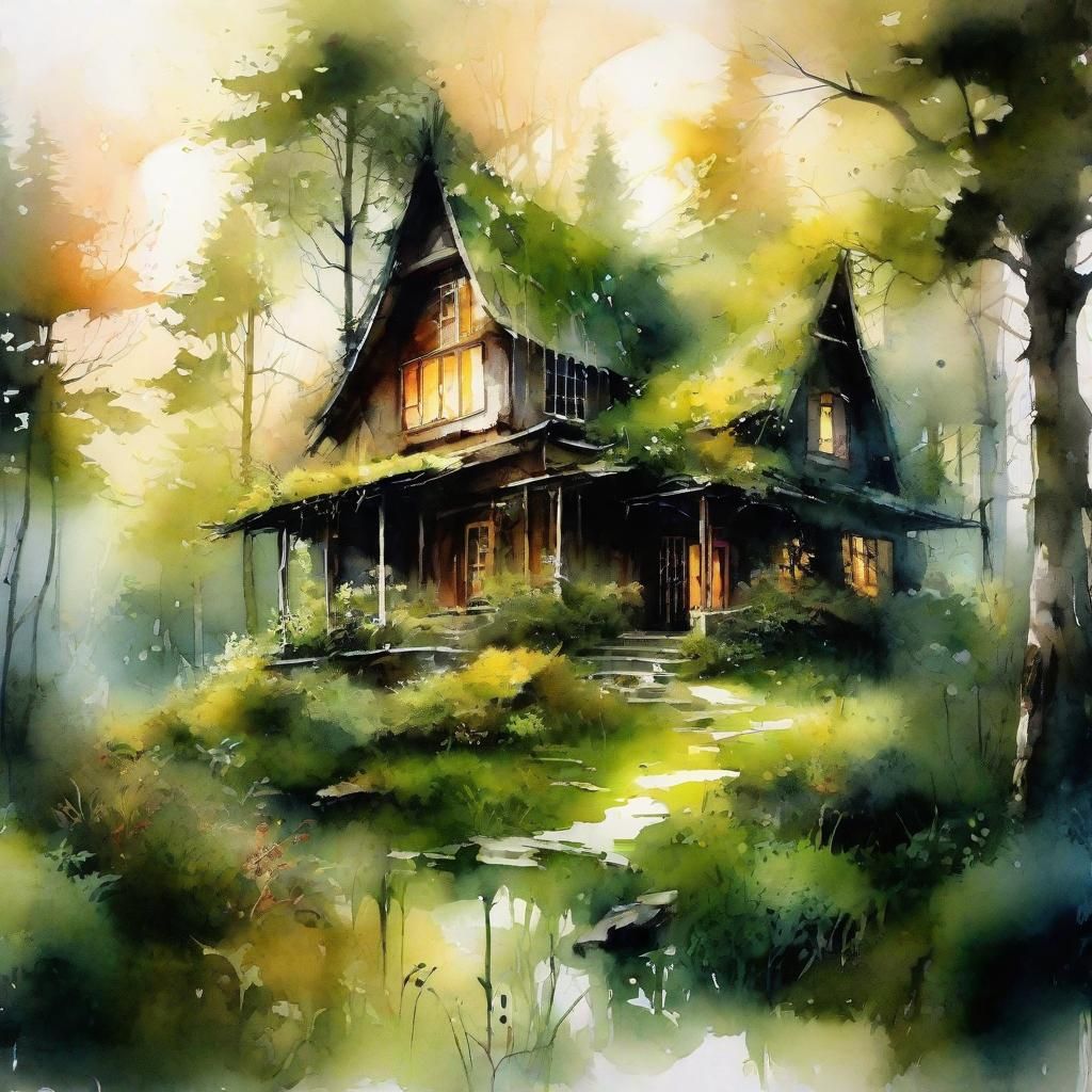 Mystical Forest Stone House in Dreamlike Watercolor