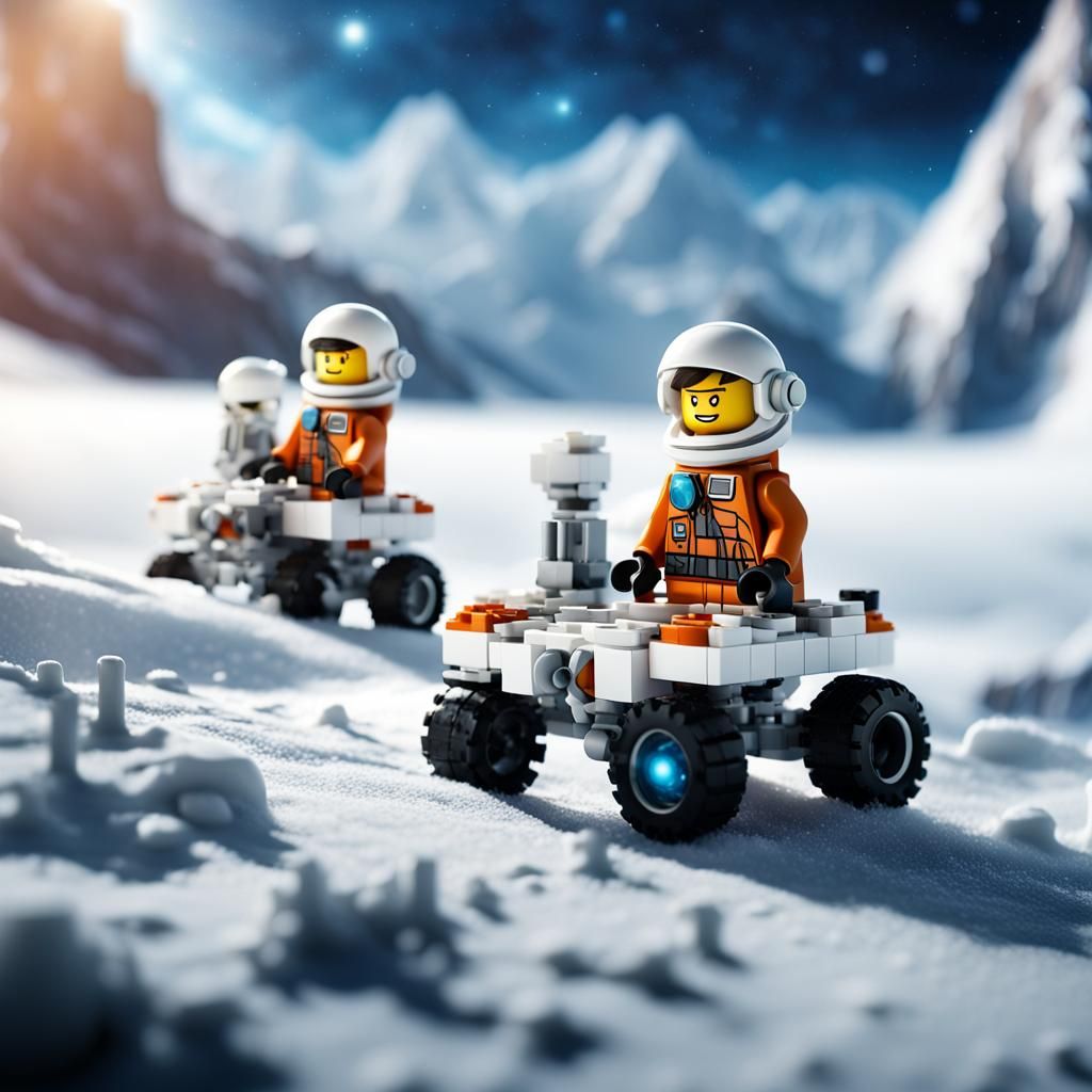 two lego astronauts driving a rover on the surface of a froz...