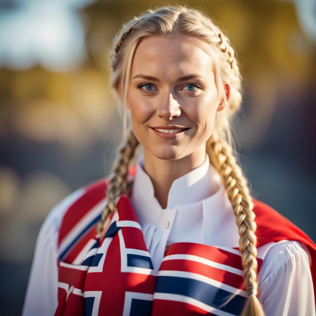 Portrait of Norwegian young woman, national dress, on nation...