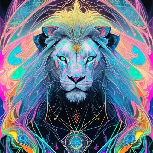 luminous colors, golden outlines, portrait of a white glass lion ...