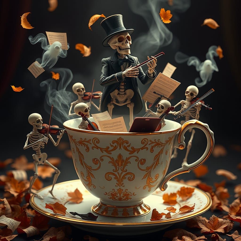 An orchestra of skeletons and ghosts inside a teacup. A well-dressed skeleton is the maestro. Musical ...  by @Teacher Carla