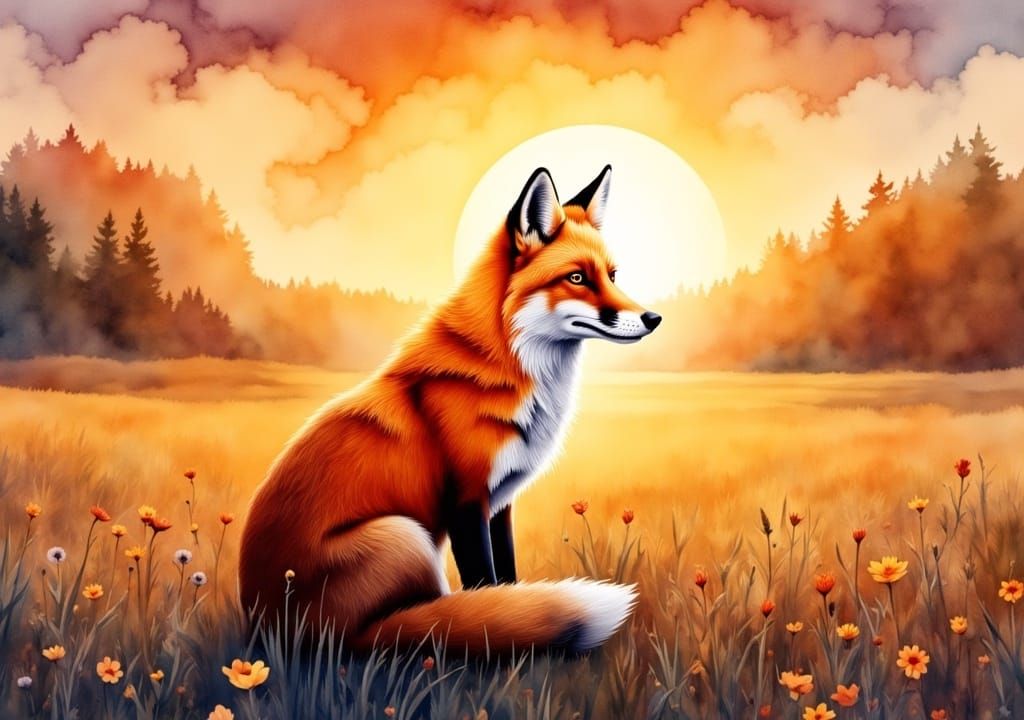 <lora:Watercolor Flux:1.0>Insanely detailed bloodmoon Digital watercolor portrait Illustration of a fox in a field in a summerscape sunset