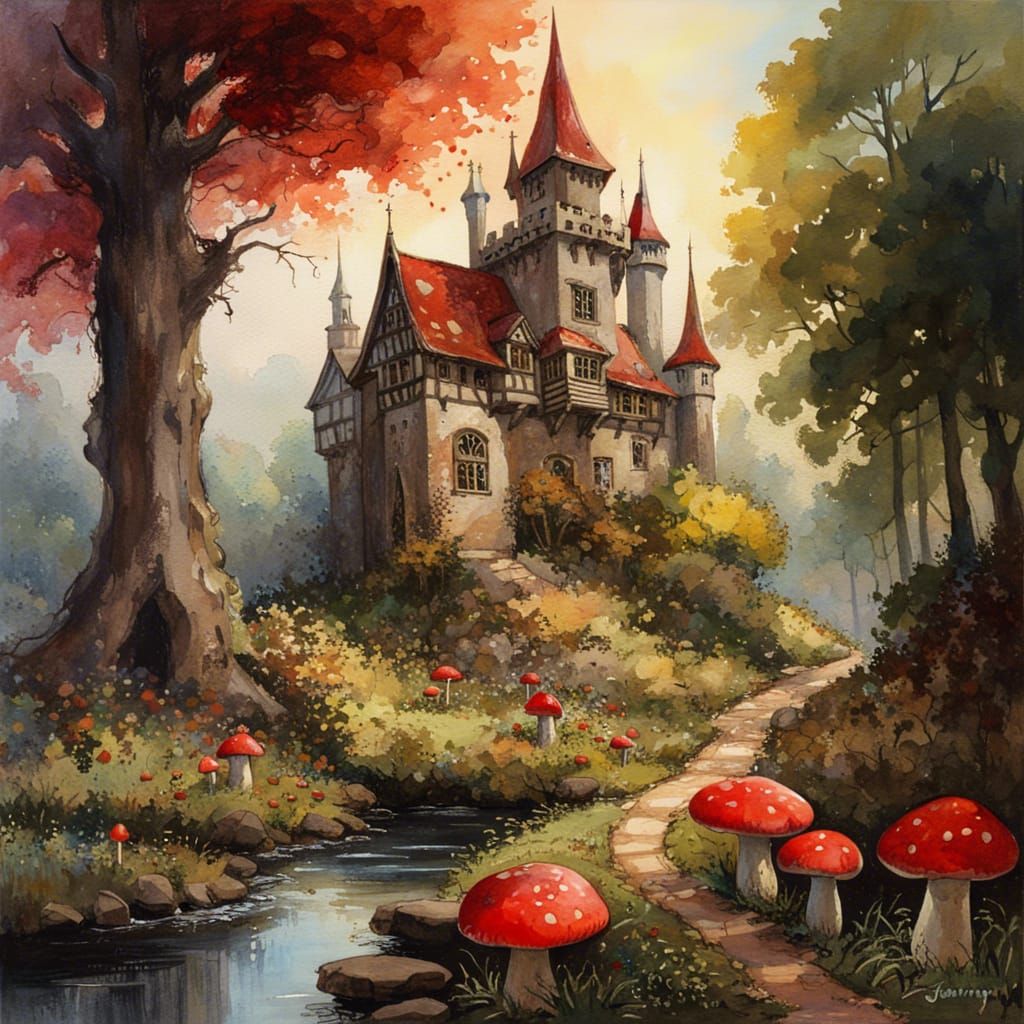 Fairytale Tudor Castle with Cottage Garden in Watercolor