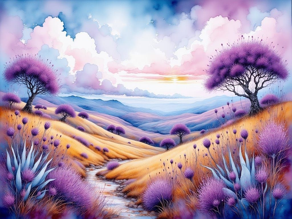 <lora:Ink Poet:1.0> Abstract landscape. Textured rolling hills with purple thistles, gnarly trees, agave plants, swirlin...