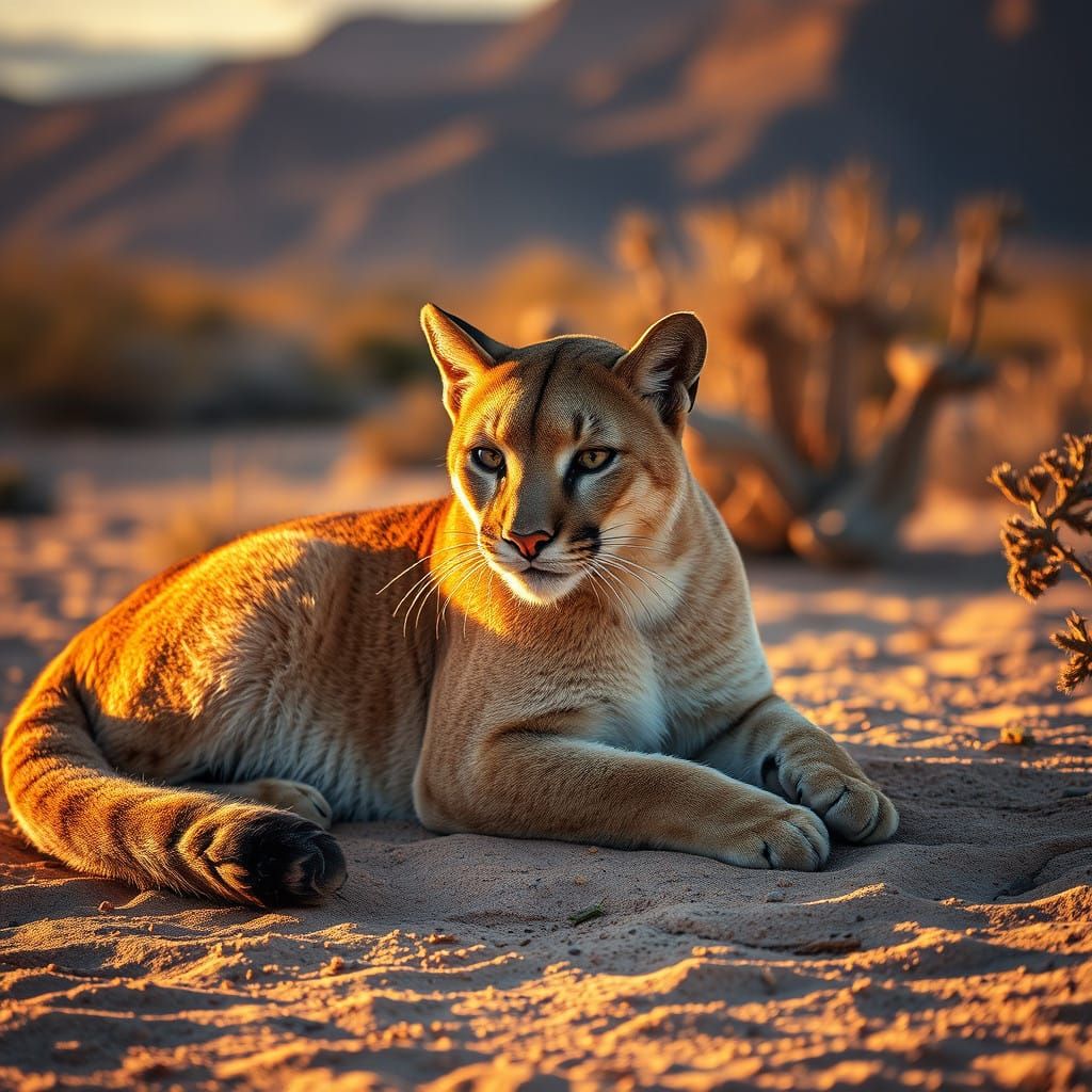 Cougar in Arizona desert at last light.