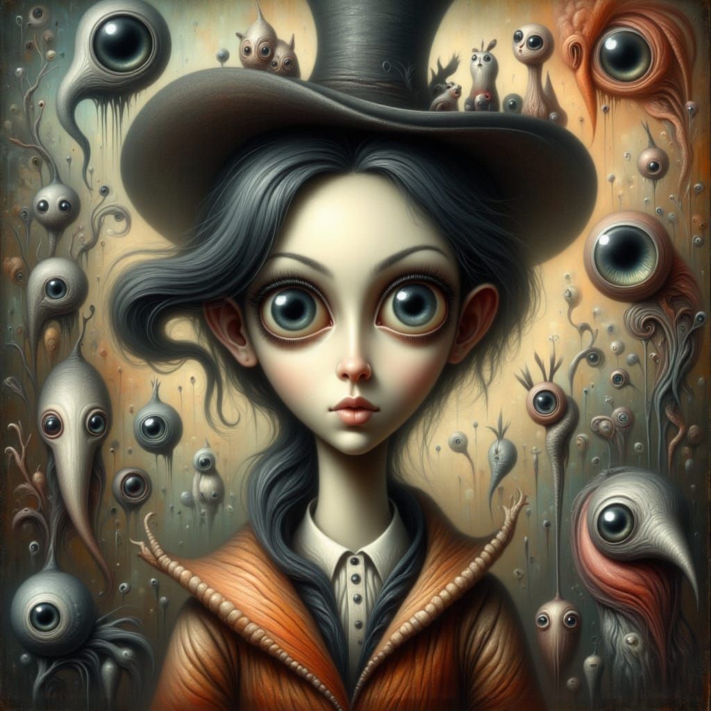 <lora:-Distorted Whimsy-:1.0> portrait of  beautiful woman in the style of Tim Burton