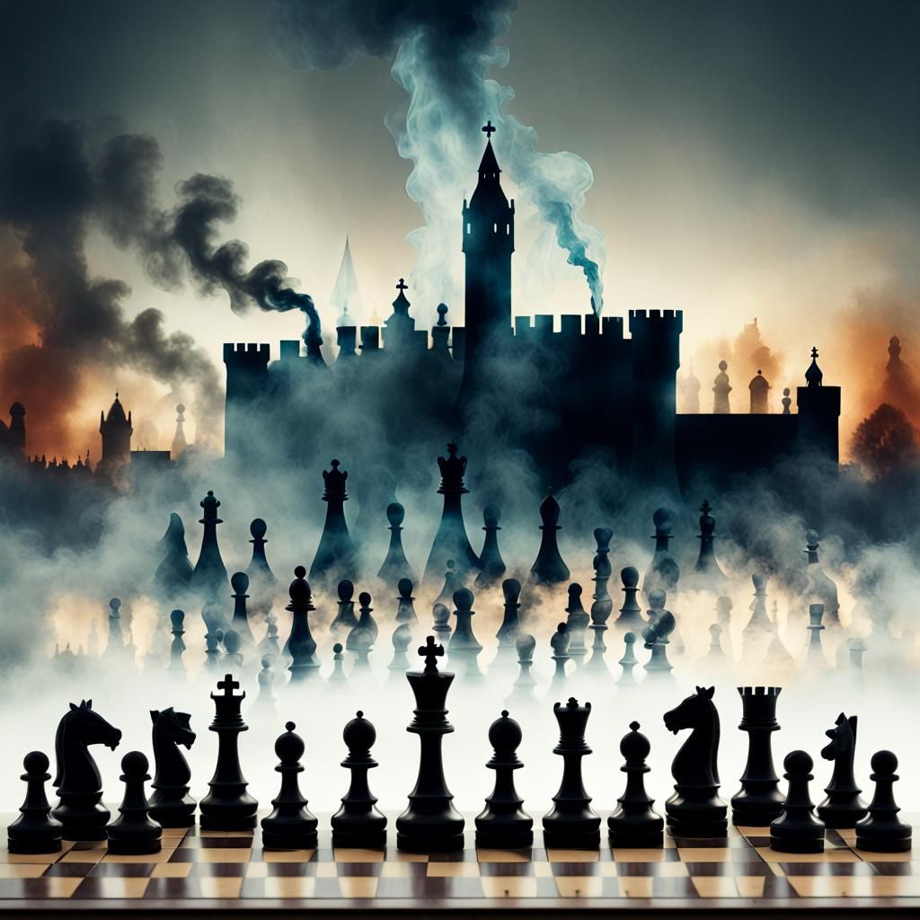 Silhouette of tower of London+chess set+smoke+magic double e...