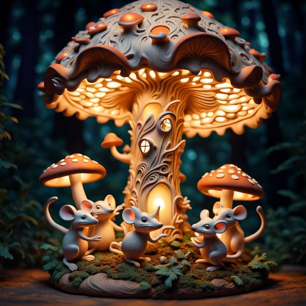 Clay mouses dancing around a intricate clay mushroom lantern , enchanted forest, extremely detail, imaginative, ...  by @Mapleaf100color