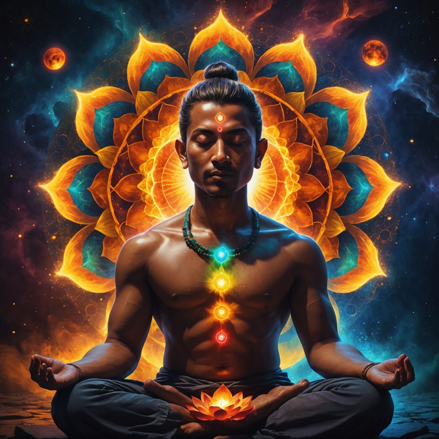 a meditating soul in lotus posture, the 7 burning chakras ar...