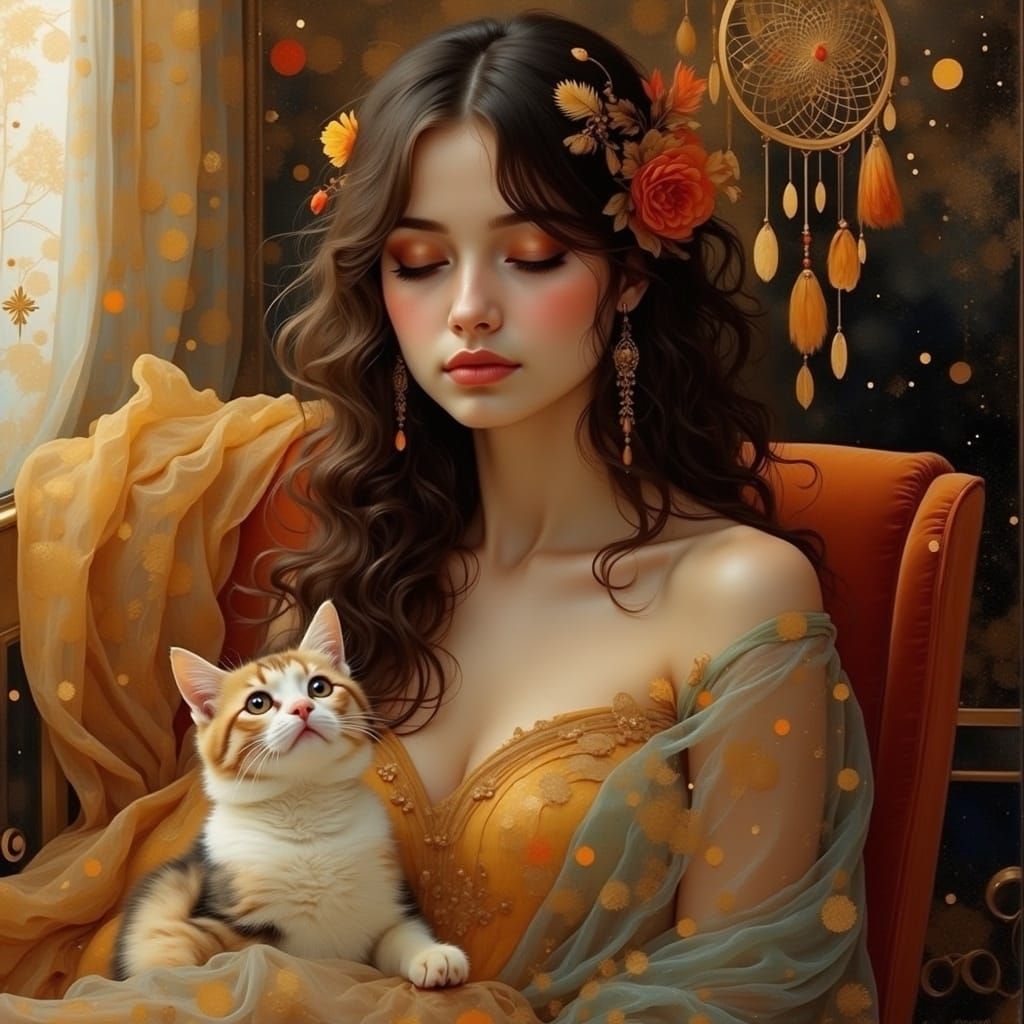 Whimsical Bohemian Dreamscape with Elegant Woman and Cat