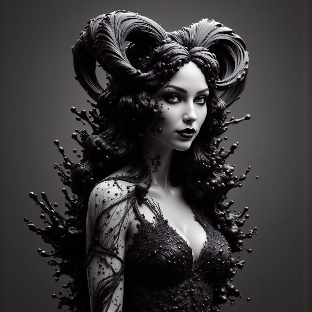 <lora:Viscose Fluidity:1.5> mystical, captivating female with striking curly ram horns and delicate, pointed elf-like ears, exuding an other...