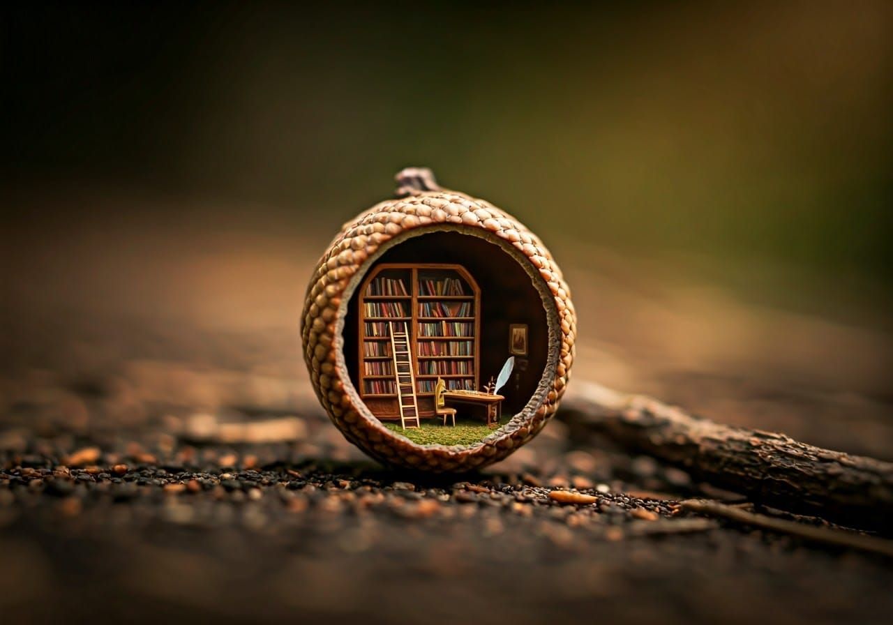 Library in an acorn cup.  by @Kernowek