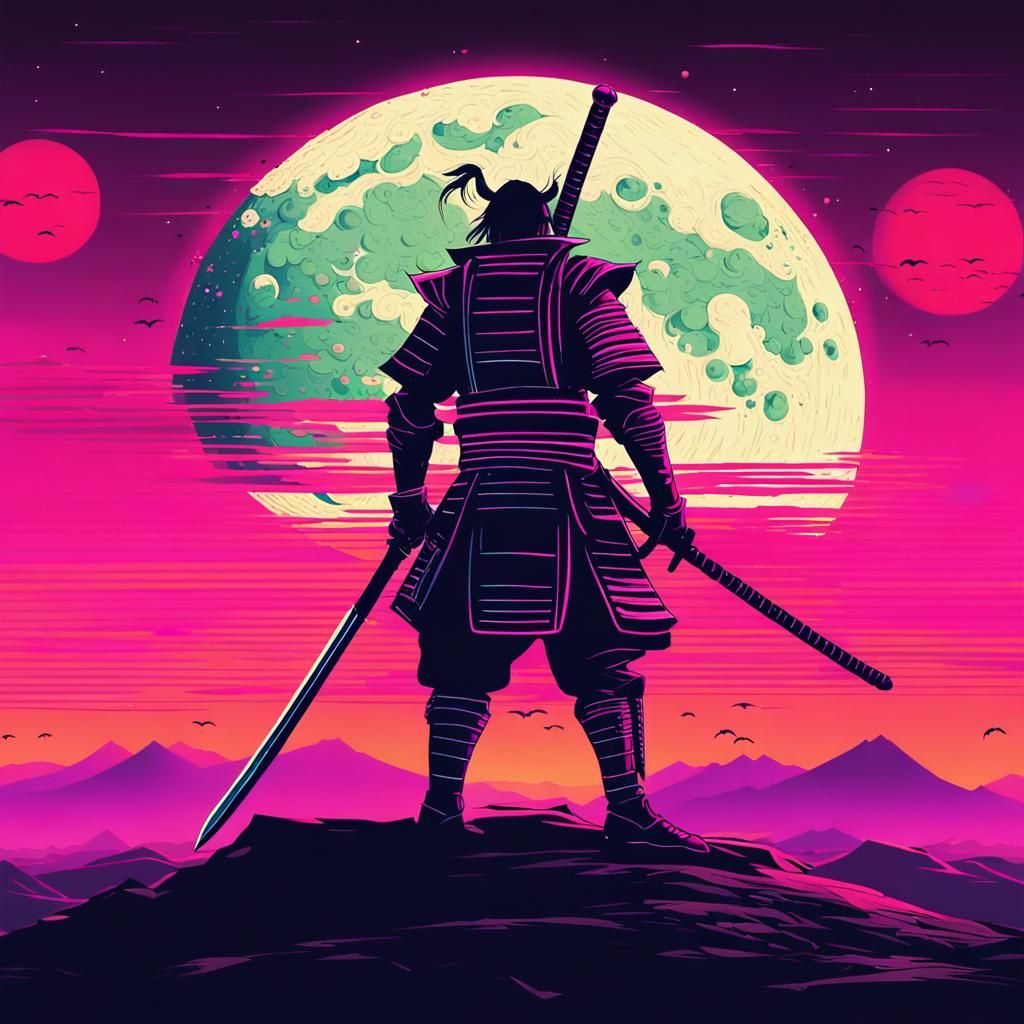 Apocalyptic Samurai Duel Under Neon Moon