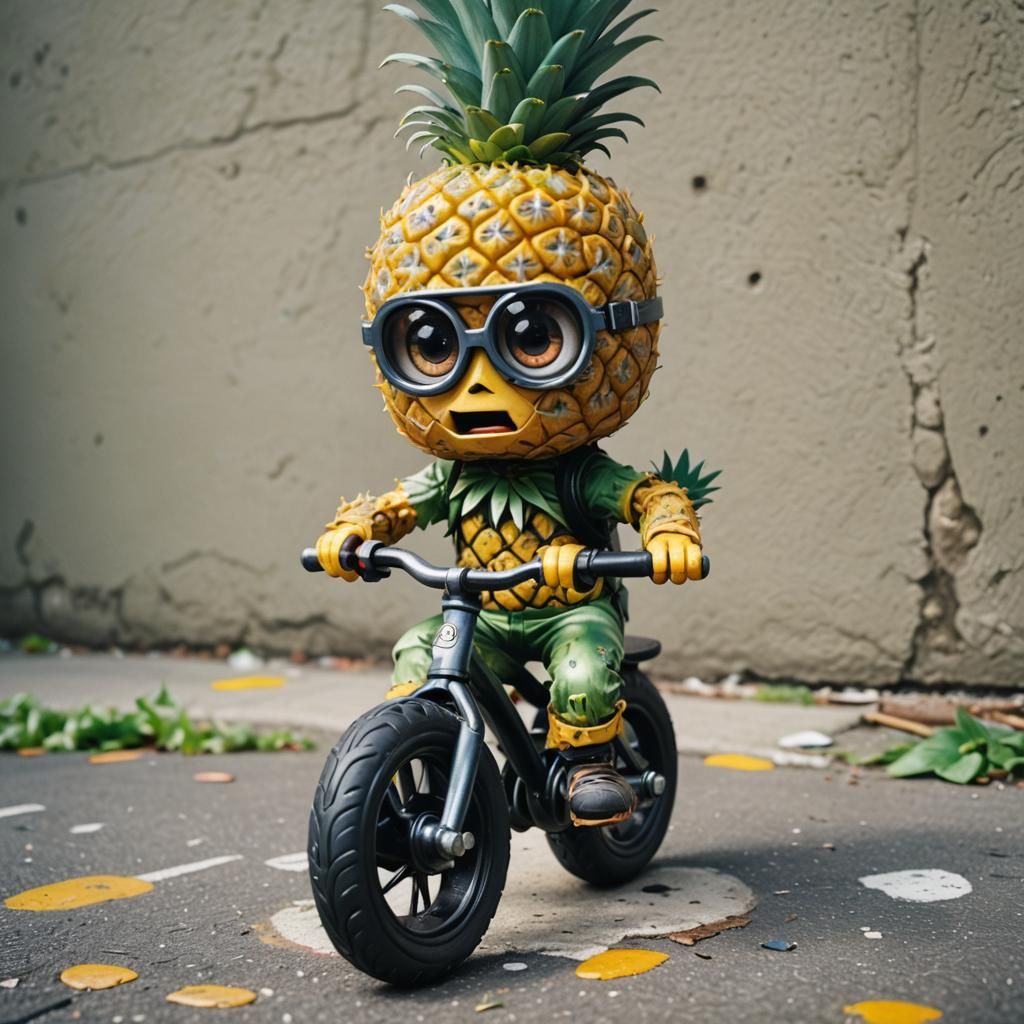 whimsical chibi pineapple with eyes on a one wheel bike with a helmet ...