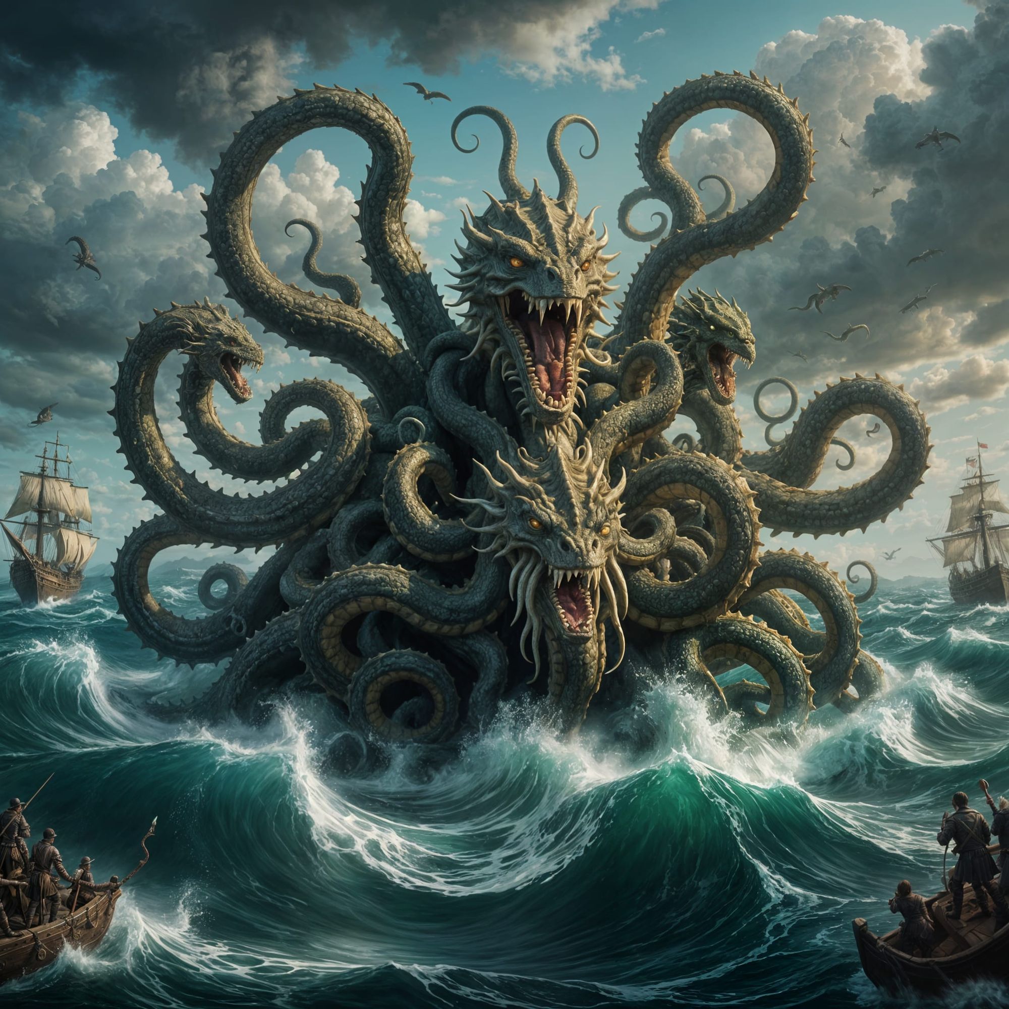 A seven-headed hydra in the sea fighting the kraken, baroque style oil painting, chairoscuro 