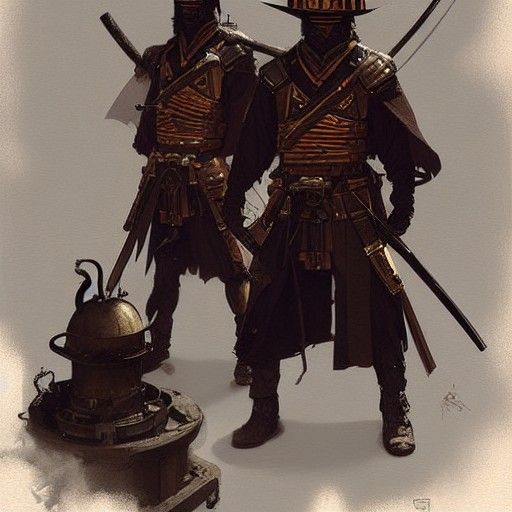 Two steam punk samurais about to do battle.