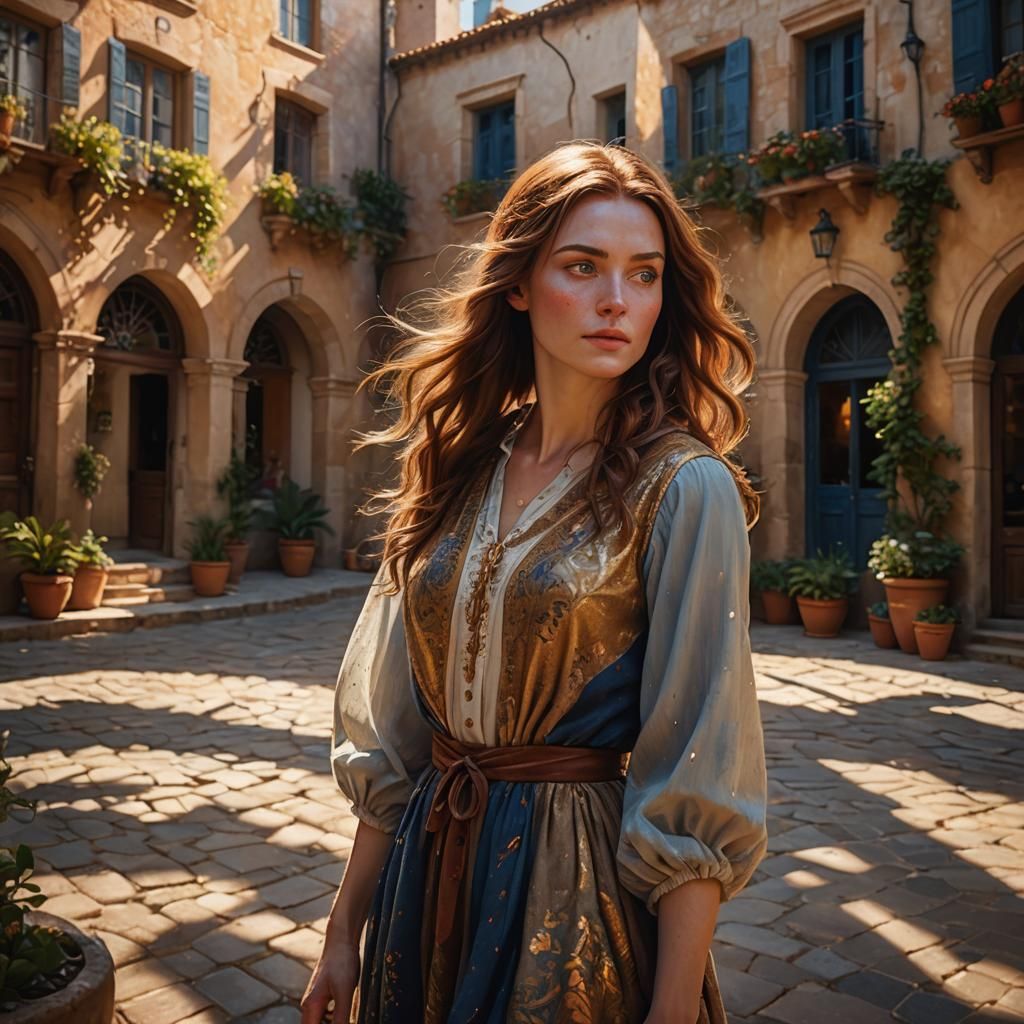 Elegant Woman in Sunlit Courtyard: Fantastical Realism