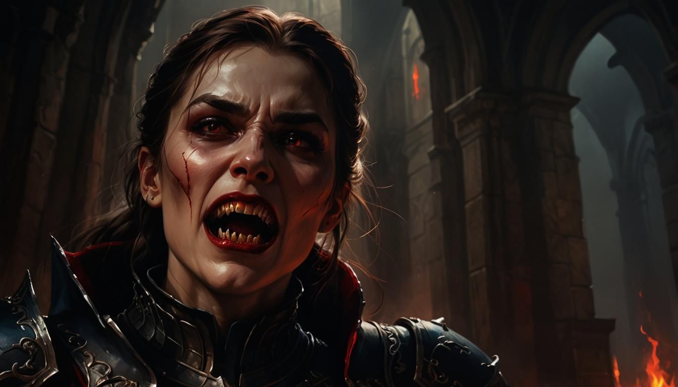 Female vampire in knight armor hissing with sharp fangs