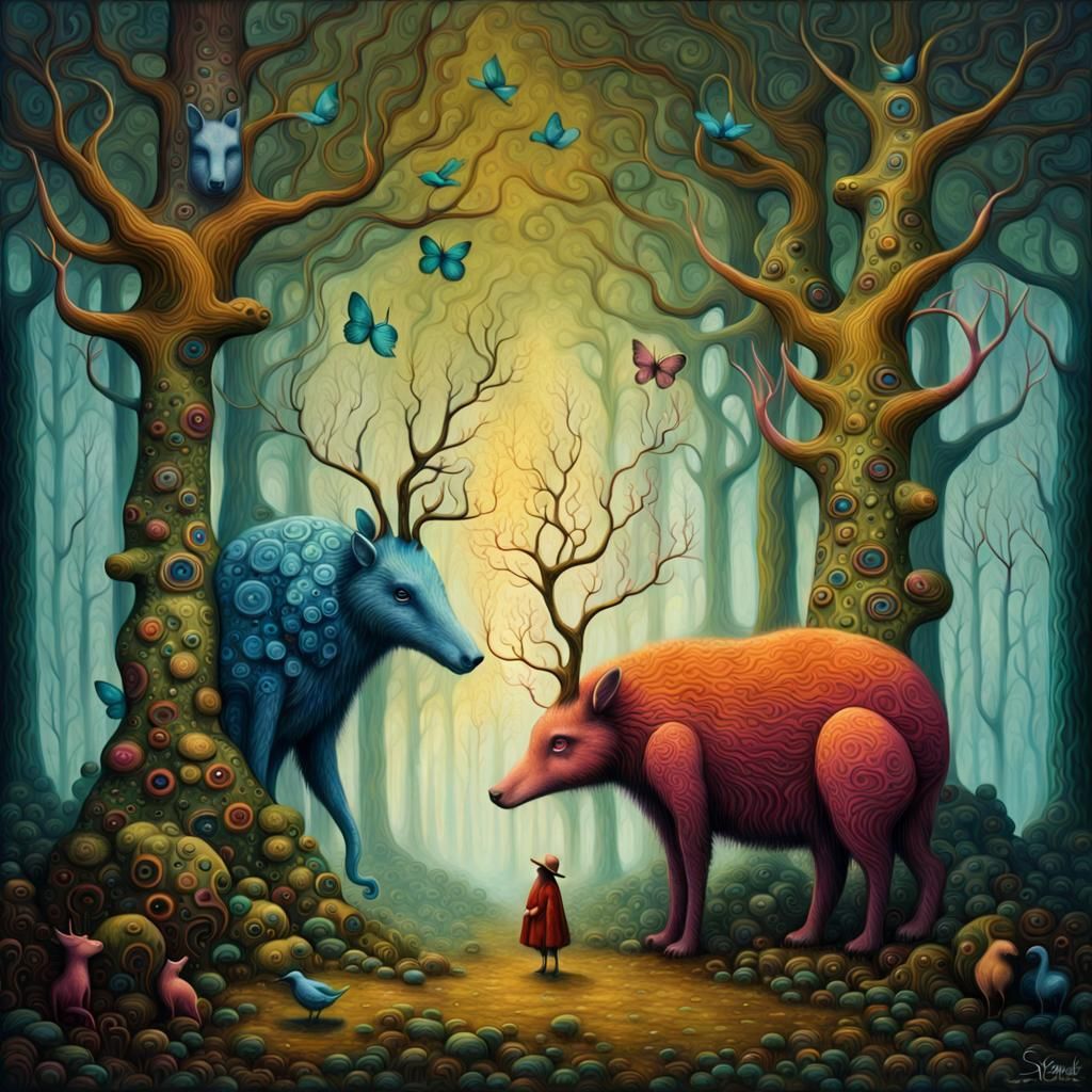 surreal art, surrealist painting of big and small surreal animals in an ...