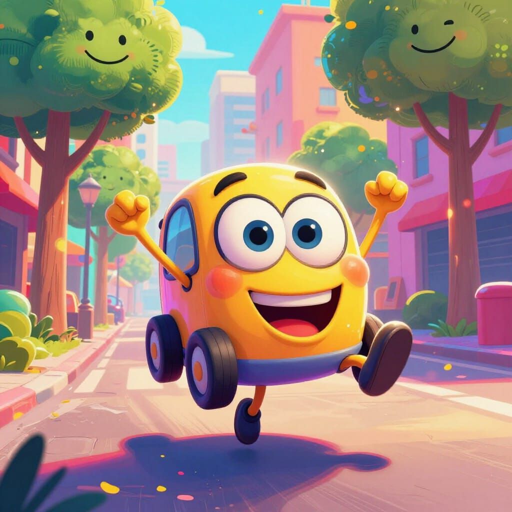 Whimsical Car Dancing on Colorful Street in Comic Style
