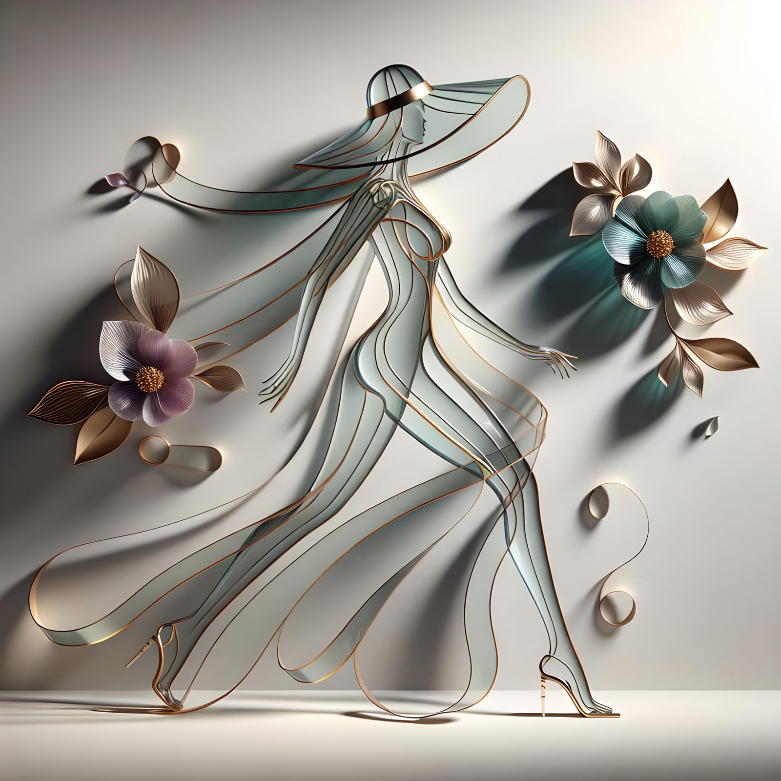 A surreal artwork of a stylized female figure walking away, ...