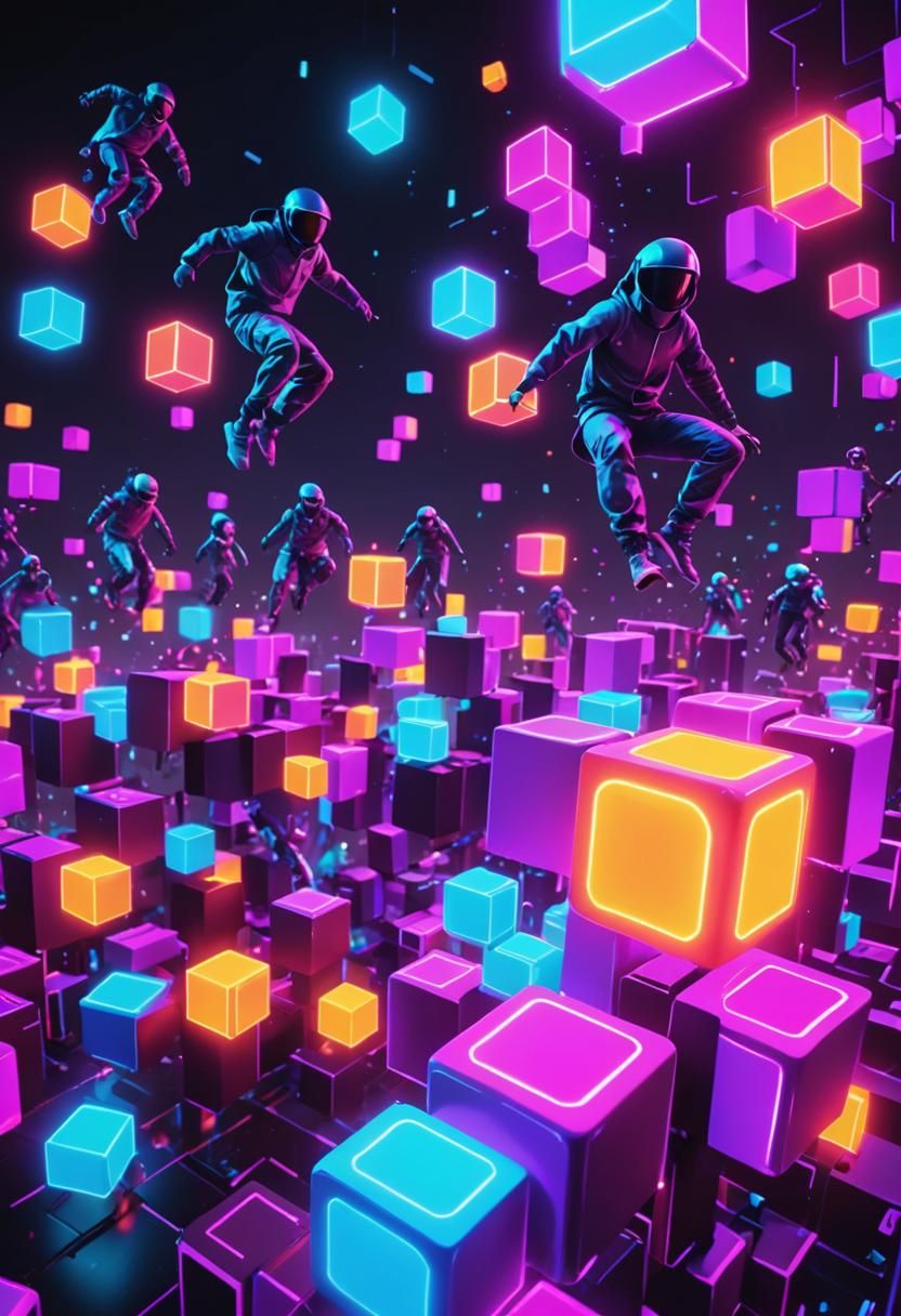 Many neon humanoids doing parkour on random flying blocks in...